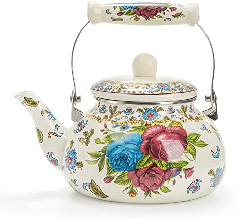 Fasmov 2.5L Enamel Teapot, Large Porcelain Enameled Teakettle, Floral Colorful Tea Kettle with Handle for Stovetop, Retro Steel Teapot for Hot Water, No Whistling