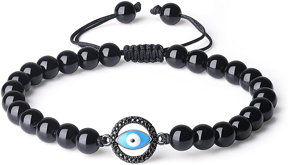 coai Evil Eye Charm Black Obsidian Stone Beaded Bracelet