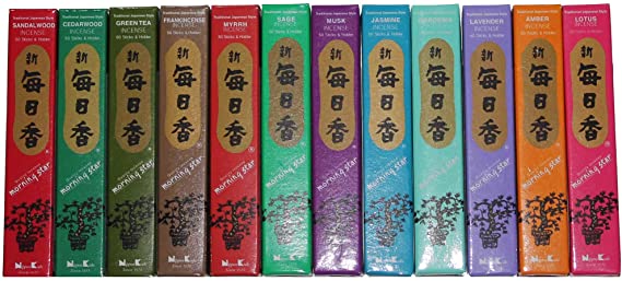 Morning Star Nippon Kodo Incense - 12 Fragrance Assortment (Total 12x50, 600 Sticks) - Sandalwood, Cedarwood, Green Tea, Frankincense, Myrrh, Sage, Musk, Jasmine, Gardenia, Lavender, Amber, Lotus