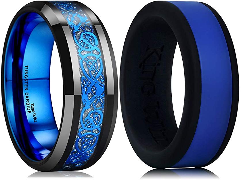 King Will Dragon Blue Celtic Tungsten Carbide/Tungsten Silicone Set Ring Mens Black Wedding Band Polished Comfort Fit