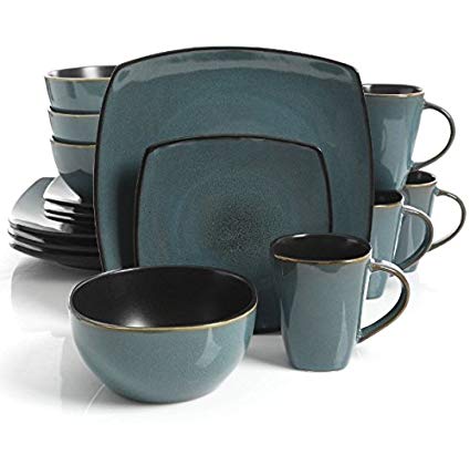 Square Dinnerware Service for 8, Plates Bowls Mugs, 32-Piece Set, Modern Teal & Black