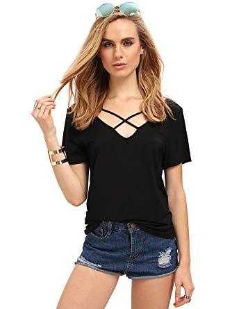 Romwe Women's Casual Short Sleeve Solid V-Neck T-Shirt Tops