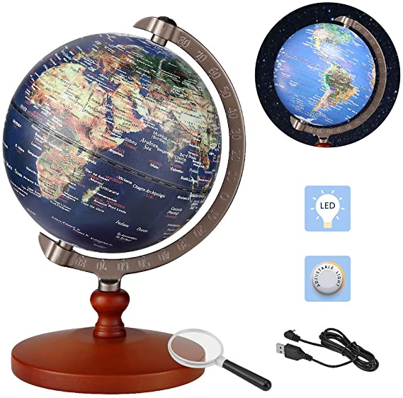 FUN GLOBE 2 in 1 LED World Globe Desktop Decoration Geographic Interactive Earth Globes for Kids & Adults for Educational Toys/Office Supplies/Indoor Decorations/Holiday Gift (Navy, 5 Inches)