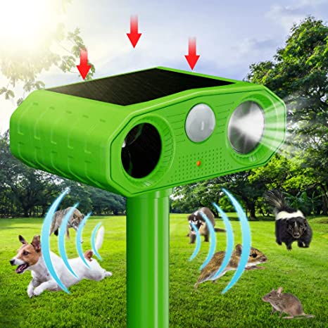 Solar Animal Repeller,Ultrasonic Outdoor Mole Repellent with Motion Sensor and Led Light Alarm, Waterproof Animal Repeller for Cat, Dog, Squirrel, Deer, Fox etc.