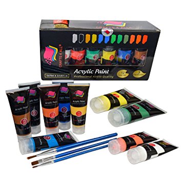 Acrylic Paint Studio Paints Set 12 Extra Large 75 ml(2.5 oz)Professional Grade Painting Kit For Canvas, Wood, Clay, Fabric, Nail Art, Ceramic & Crafts.Students & Professionals Crafts 4 All