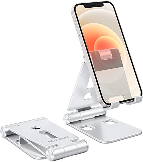 Foldable Cell Phone Stand, OMOTON Adjustable Aluminum Desktop Phone Holder Cradle Dock Compatible with iPhone 12/12 Mini/12 Pro/12 Pro Max/Se 2/11 Pro Max/11 Pro/11, Samsung Note 20 Plus/S20 and Other Devices (4-9.7") (Silver)