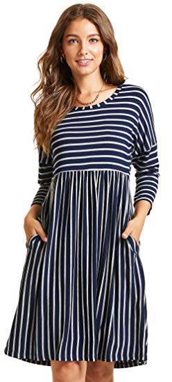 SONJA BETRO Amazon Brand Women's Stripe Knit Empire Waist Dress with Pocket Plus Size