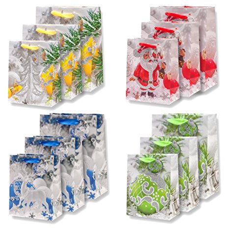12 Pack Elegant Glitter Christmas Gift Bags in Assorted Designs & Sizes! 4 Designs in 3 sizes each- Small, Medium & Large!