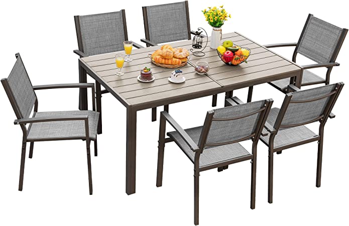 Flamaker Patio Dining Set 7 Piece Metal Frame Outdoor Furniture with 6 Textilene Chairs and Rectangular Table Family Kitchen Conversation Set for Backyard, Lawn, Terrace (Grey)