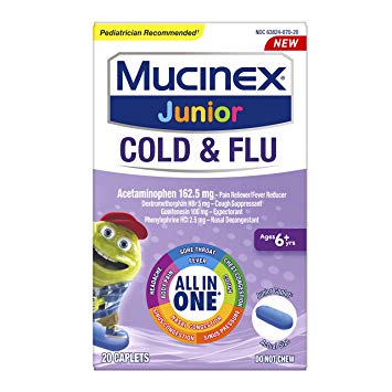 Cold and Flu, Mucinex Junior Cold and Flu Caplets, 20ct, Ages 6  Years, All-in-One Cough, Sore Throat, Fever, Headache, Body Pain, Sinus Pressure, Nasal, Chest and Sinus Congestion Relief by Mucinex