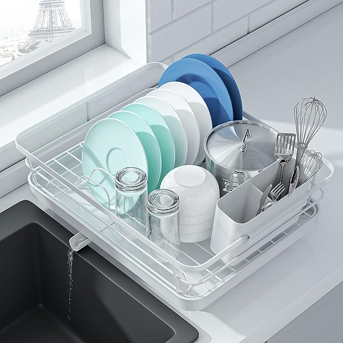 Kitsure Dish Drainer- Space-Saving Dish Drying Rack, Dish Racks for Kitchen Counter, Durable Stainless Steel Kitchen Drying Rack with a Cutlery Holder, Drying Rack for Dishes, Knives, White