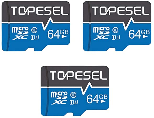 TOPESEL 64GB Micro SD Card 3 Pack Memory Cards U3 C10 Micro SDXC UHS-I TF Card for Cemera/Drone/Dash Cam(3 Pack U3 64GB)