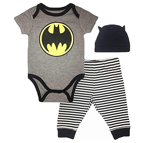 Batman DC Comics Baby Boys Newborn Infants 3 Piece Bodysuit Pants and Accessory Set