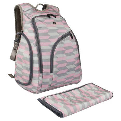 Ecosusi Travel Large Backpack Diaper Bag for Girl with Changing Pad, Stroller Strap,Insulated Side Pockets, Pink Chevron