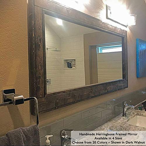 Herringbone Reclaimed Wood EX LARGE Framed Mirror, Available in 4 Sizes and 20 Stain colors: Shown in Dark Walnut - Bathroom Vanity Mirror - Mirror Wall Mounted - Rustic Decor