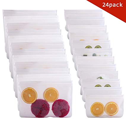 24 Pack Reusable Storage Bags, IDEALUX FDA Grade Waterproof Reusable Snack Bags, Leak Proof Freezer Ziplock Bags, Food Grade PEVA Lunch Bags for Sandwich and Fruit