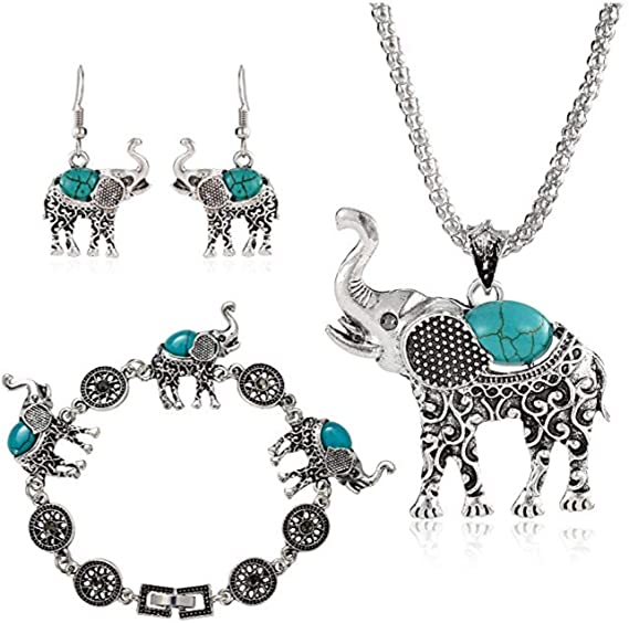 Elephant Boho Jewelry Sets, 3Pack Boho Pendant Necklace Drop Earrings Link Bracelet Jewelry Sets for Women