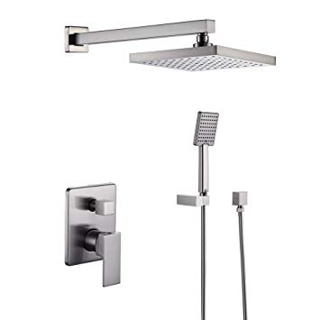 KES Shower System Bathroom Single Handle Shower Faucet Trim Valve Body Hand Shower Complete Kit Pressure Balance Modern Square, Brushed Nickel, XB6223-2