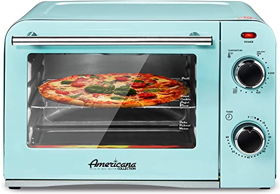 Elite Gourmet Americana ETO1200BL# Vintage Diner 50’s Retro Countertop Toaster Oven, 1300W, Bake, Broil, Toast, with Temperature Control & Adjustable 60-Minute Timer, Fits 9” Pizza, 4 Slice,