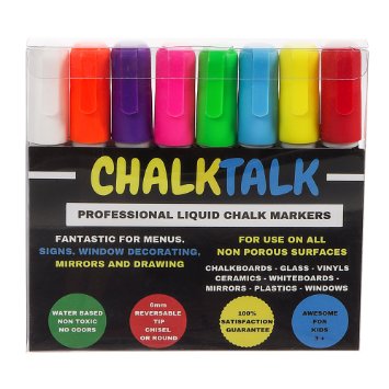 ChalkTalk Premium Liquid Chalk Markers Unique Reversible 6mm Chisel/Round Tip 8 Pack Erasable Paint Marker For Menu Board Bistro Glass Kids Art Labels ChalkBoard Whiteboard Bright Neon Colors & White