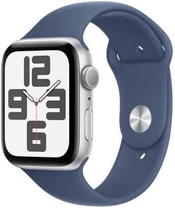 Apple Watch SE (2. Generation) GPS 44 mm Smartwatch mit Aluminiumgehäuse in Silber und Sportarmband in Denim (S/M). Fitness und Schlaftracker, Unfallerkennung, Herzfrequenzmesser, Retina Display