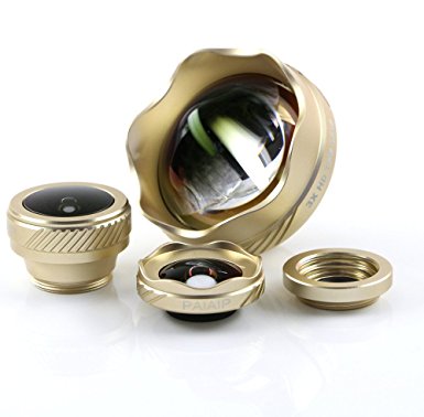 PAIAIP Upgraded Mobile Photography Universal Clip-on 4 in 1 Lens Kit with Fisheye   3X Telephoto lens   4K Ultra Wide angle   Macro Lens for iphone 7plus 6/6s 6plus/6s plus ( Gold )