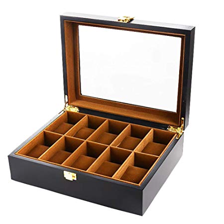 Feibrand Wooden Watch Box Organizer Watch Case for Display and Storage with Glass Top 10 Slots Black