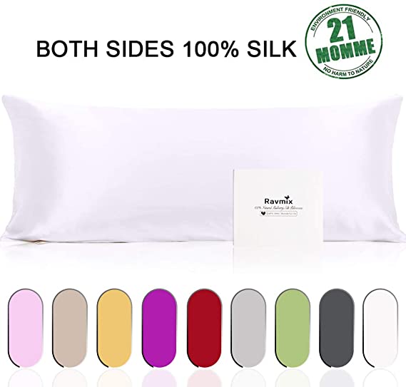 Ravmix Body Pillowcase Silk for Hair and Skin with Hidden Zipper 21 Momme 600TC Hypoallergenic Soft Breathable Both Sides 100% Mulberry Silk Body Pillow Pillowcase, 20×54inches, 1PCS, Pure White