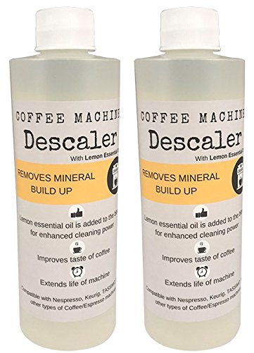 Descaler (2 Pack/4 Uses) | USDA Organic Lemon Essential Oil Added | Universal Descaling Solution for Kuerig, Delonghi, Nespresso and All Single Cup, Slow Drip, and Espresso Machines