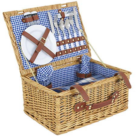 ZENY Compact 2 Person Wicker Picnic Basket Picnic Hamper Set, Included Flatware, Plates, Wine Glasses, Picnic Blanket