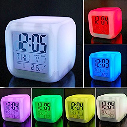 Zinnor (FBA Available) Digital Alarm Thermometer Night Glowing Cube 7 Colors Clock LED Change LCD