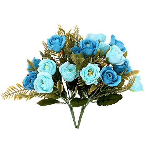 Aurdo Artificial Flowers, Fake Silk Vintage Rose Flowers Bouquet for Room, Kitchen, Garden, Wedding, Party Decor (2 Pack) (Blue)