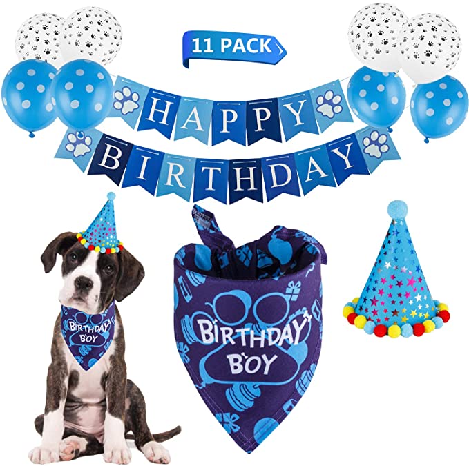 TCBOYING Dog Birthday Bandana, Dog Birthday Boy Hat Scarfs Flag Balloon with Cute Doggie Birthday Party Supplies Decorations(11-Piece Set)