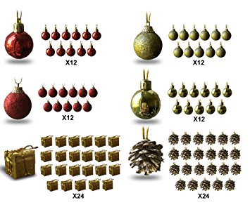 Mini Christmas Ornaments - Assorted Set of 96 Ornaments - Red and Gold Mini Ball Ornaments - Pinecones and Presents - Each Ornament is Approximately One Inch