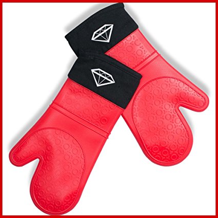 Sapphire Foodware Super Soft Silicone Oven Mitts Commercial Grade Baking Gloves Red Set of 2 Extra Long Waterproof Quilted Cotton Lining Cooking BBQ