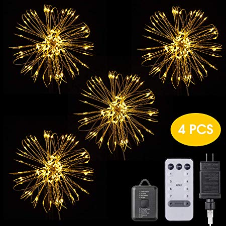 EZVOV 4 Pack 480 LED Firework Copper Wire Lights, Fairy Twinkle Lights Plug in String Lights 8 Modes Waterproof Decorative Starburst Lights DIY Indoor Outdoor Christmas Wall Decoration - Warm White