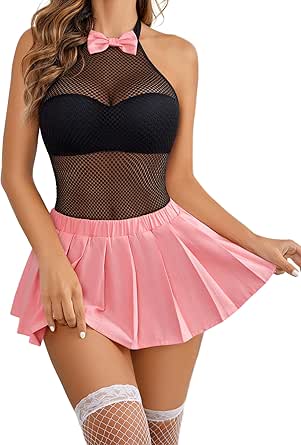 Avidlove Women Schoolgirl Lingerie Sexy Roleplay Lingerie Set Student Snap Crotch Bodysuit and Mini Skirt