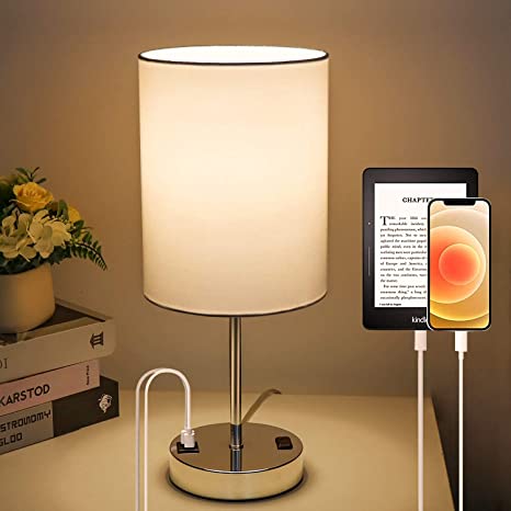 Table Lamp Touch Control Beside with 3-Way Dimmable, Bedside Table Lamp with USB Type-C Charging Ports, Nightstand Lamp with Power Outlet & Bulb