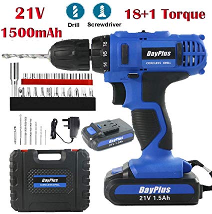 21V Cordless Combi Drill & Impact Screwdriver, 18 1 Torque, 1500mAh Quick Charge Batteries, LED Light, Forward/Reverse Switching, Upto 45 Nm Torque w/ 29 Piece Bits & Carry Case