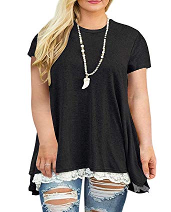 Women's Plus Size Curve Lace Trim Short Sleeve A-Line Tunic Top Casual Loose Flowy T-Shirt
