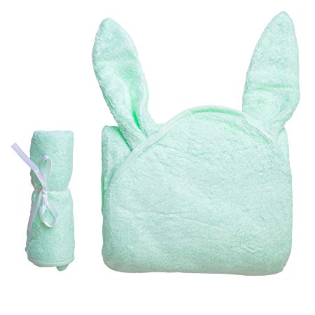 KAHIVA Extra Soft Baby Bamboo Hooded Bath Towel and Washcloth Set, 35"x35", Bunny