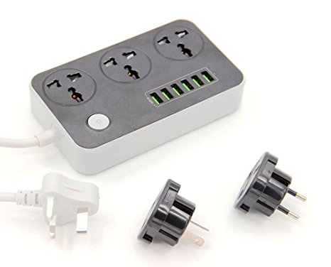 INIBUD USB Charger Surge Protector with 3 Universal Outlet Power Socket UK Plug with 2 International Adapter UK to EU US AU for Home Office Travel