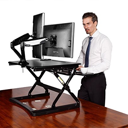 Desktop Workstation Combo - 35" Wide Platform Height Adjustable Stand Up Desk Riser with Dual Monitor Arm