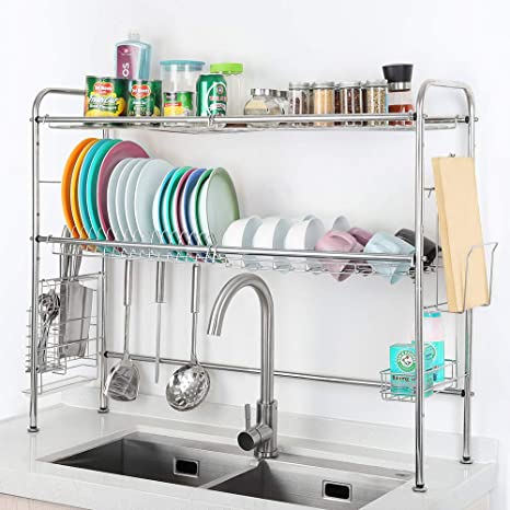 2-Tier over the Sink Dish Drying Rack Nonslip Height Adjustable with Chopstick Holder (Double Sink) Deluxe Rustproof Dish Drainers for Kitchen Counter and Drainboard set, Compact & Portable
