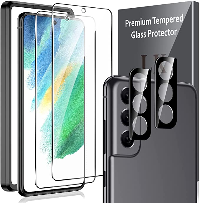 LK 2 Pack Screen Protector & 2 Pack Lens Protector Compatible With Samsung Galaxy S21 FE 5G, Tempered Glass, Anti-Scratch, Ultra-Thin, Support Fingerprint Reader, S21 FE Alignment Frame Attached