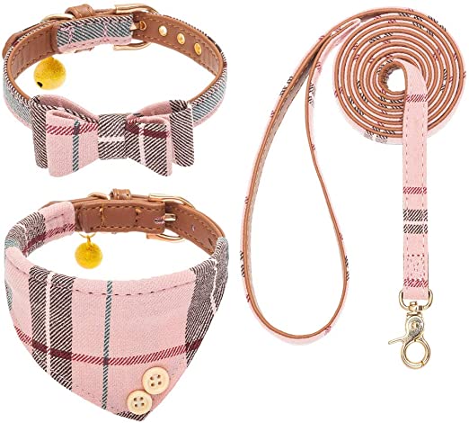 EXPAWLORER Bow Tie Dog Collar and Leash Set Classic Plaid Adjustable Dogs Bandana and Collars with Bell for Puppy Cats 3 PCS