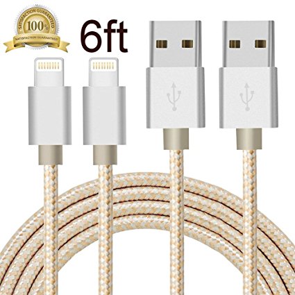 XUZOU Charging Cable,2Pack 6FT Lightning to USB Charger Cord Nylon Braided for Apple iPhone 7/7 plus/6s/6s plus/6/5s/5c/5,iPad, iPod, iOS 10(6FT,Gold Silver)