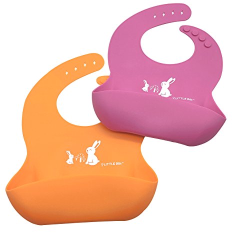 LITTLE Bot Catch-All Soft Silicone Bib - 2 Pack Pink/Orange Bunny, Comfortable, Easy to clean, Infant/Toddler, Germ-free