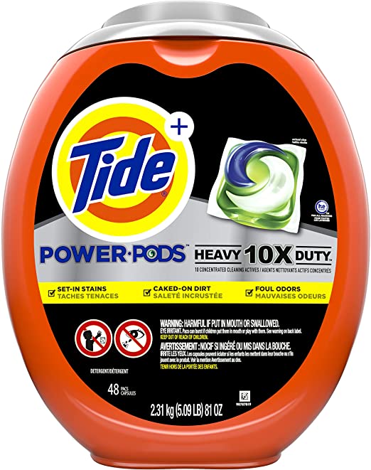 Tide Power pods Laundry Detergent Liquid pacs, 10x Heavy Duty for Impossible Stains, 48 Count