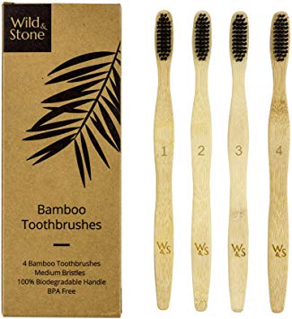 Organic Bamboo Toothbrush | 4 Individually Numbered | Medium Fibre Charcoal Bristles | Natural Whitening | 100% Biodegradable Handle | Vegan Eco Friendly Bamboo Toothbrushes by Wild & Stone